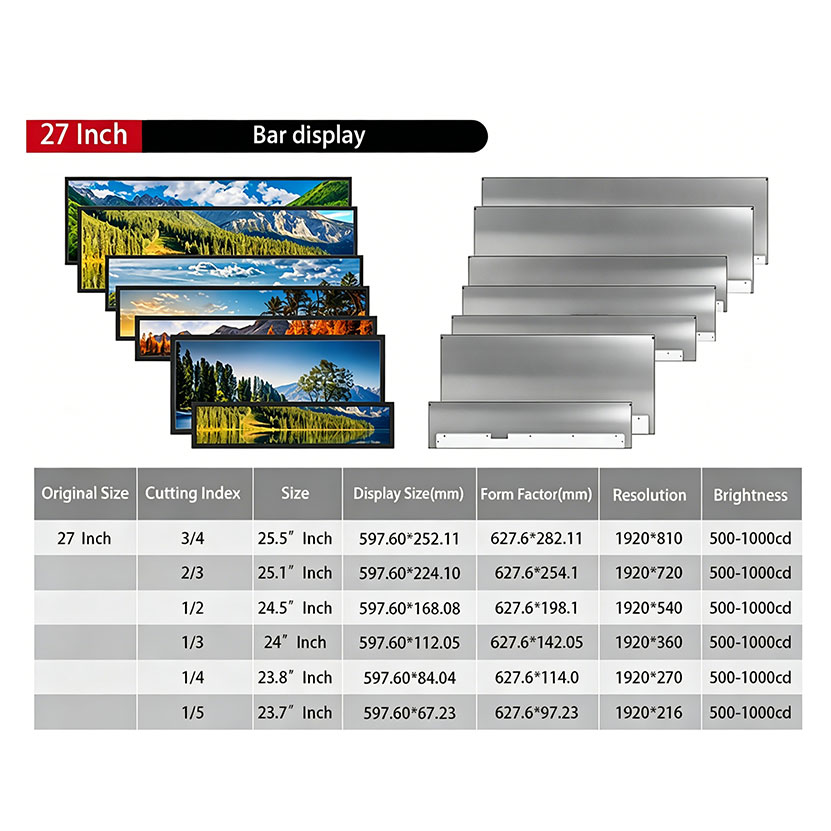 27 Inch Cuttable Bar LCD Display for OEM / Signage | 500-1000nits